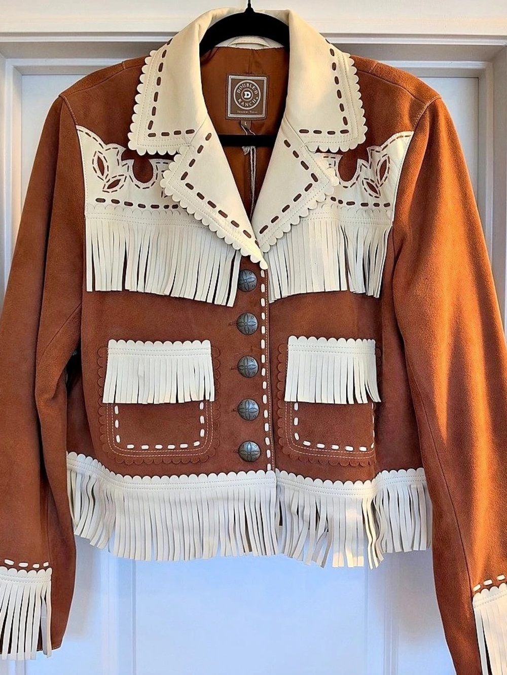 Double D Ranch Night Herding Jacket Western Fringe Brown & White Large